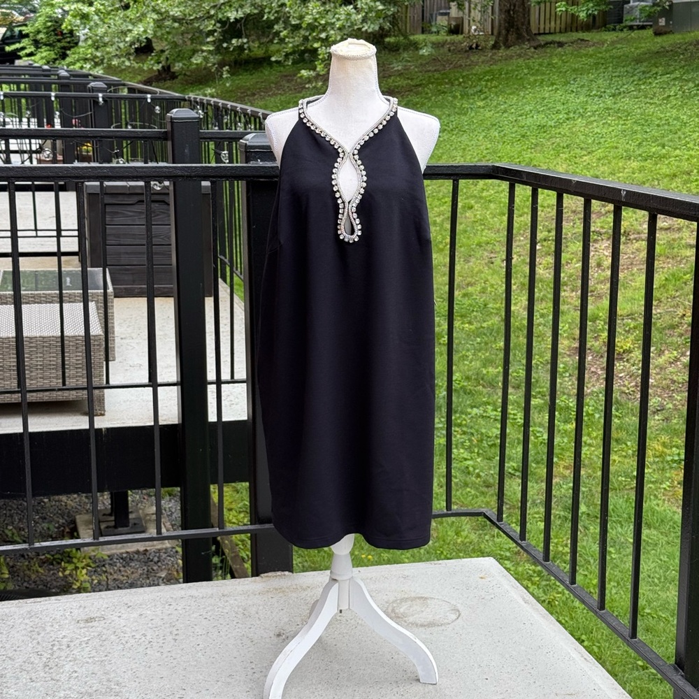 Maeve Black Mini Dress with Pearl-Trim Keyhole Neckline